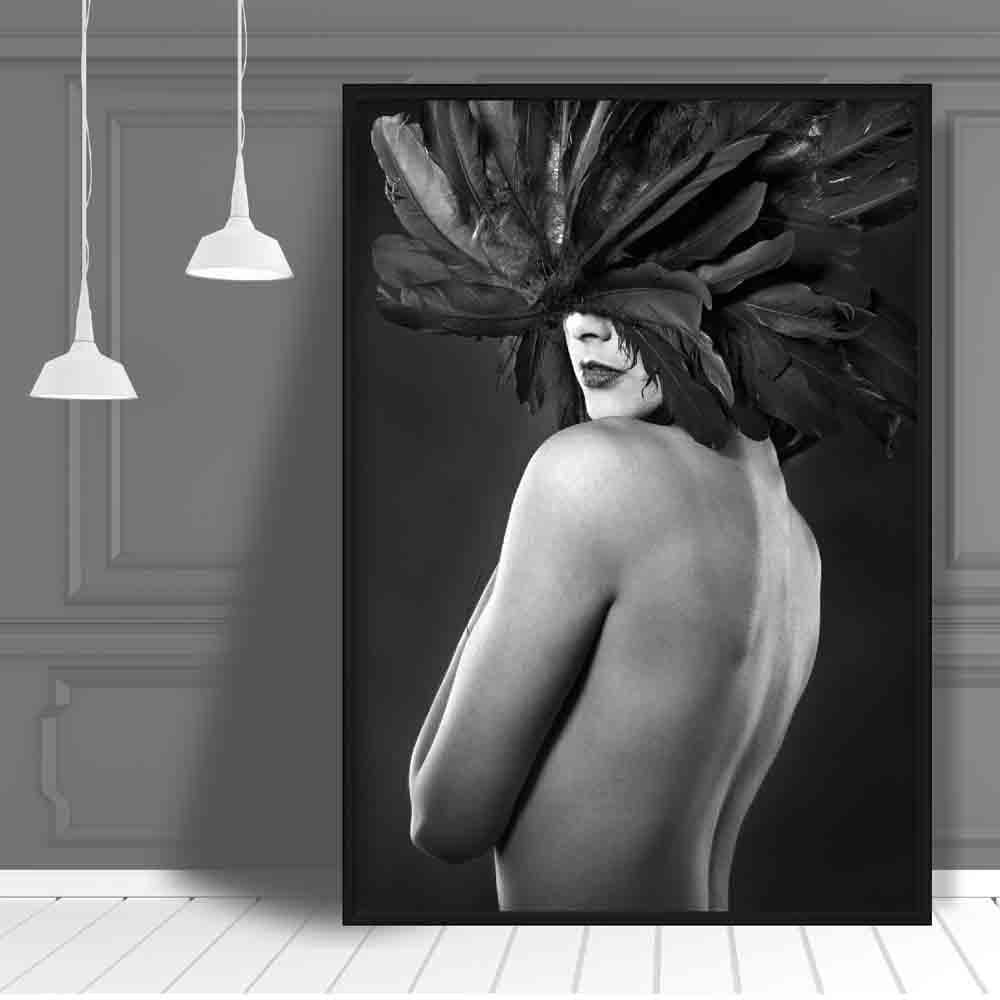 Black & White Fashion Woman Feathers Mask Photo Print