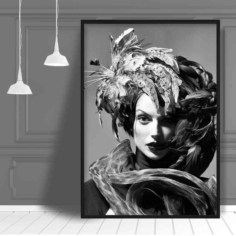 Black & White Fashion Woman in Feathers Photo Print