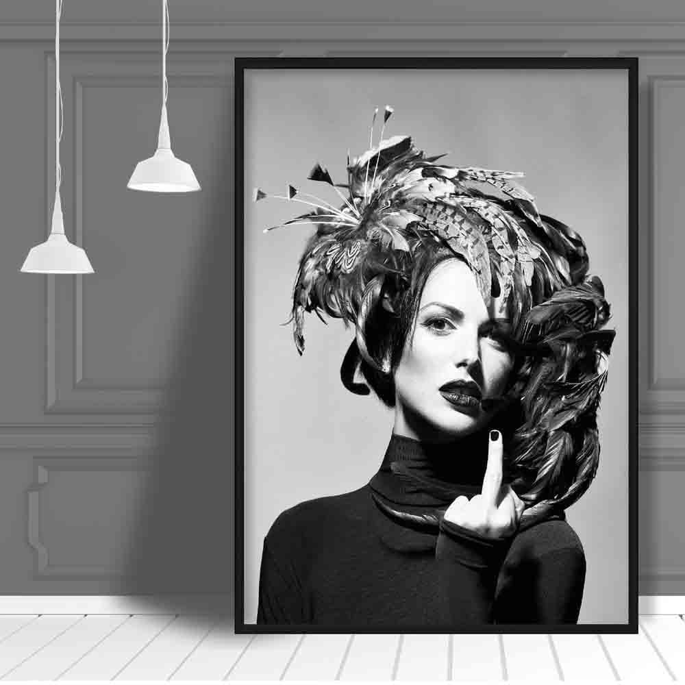 Black & White Fashion Woman in Feathers Finger Photo Print