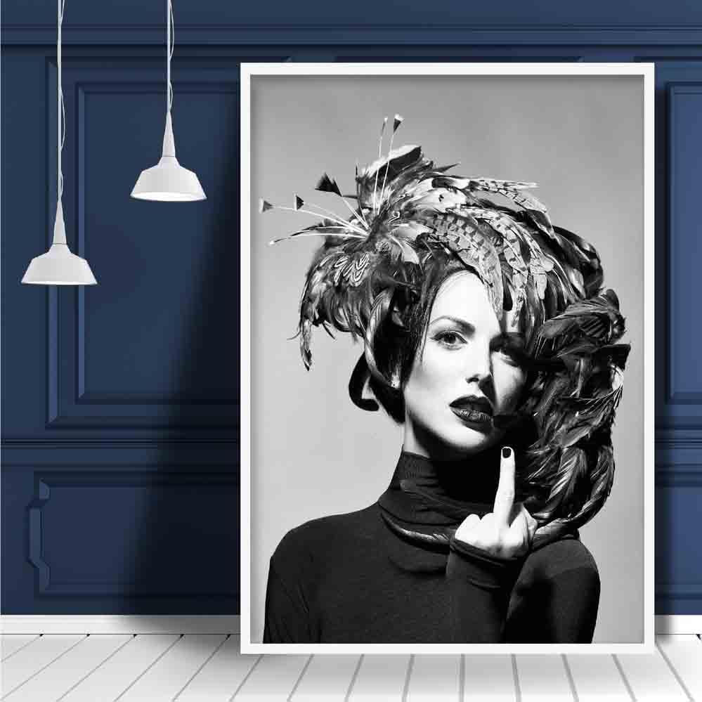 Black & White Fashion Woman in Feathers Finger Photo Print