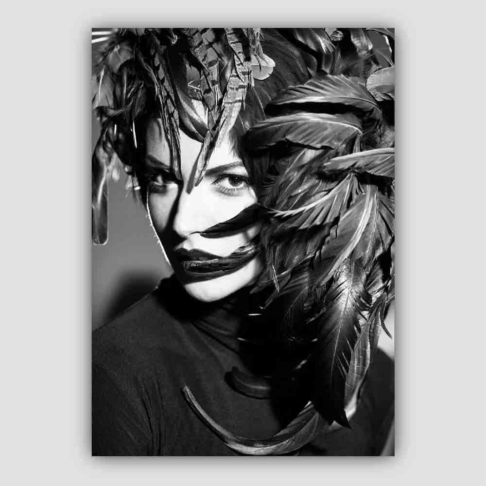 Black & White Fashion Woman in Feathers Hat Photo Print