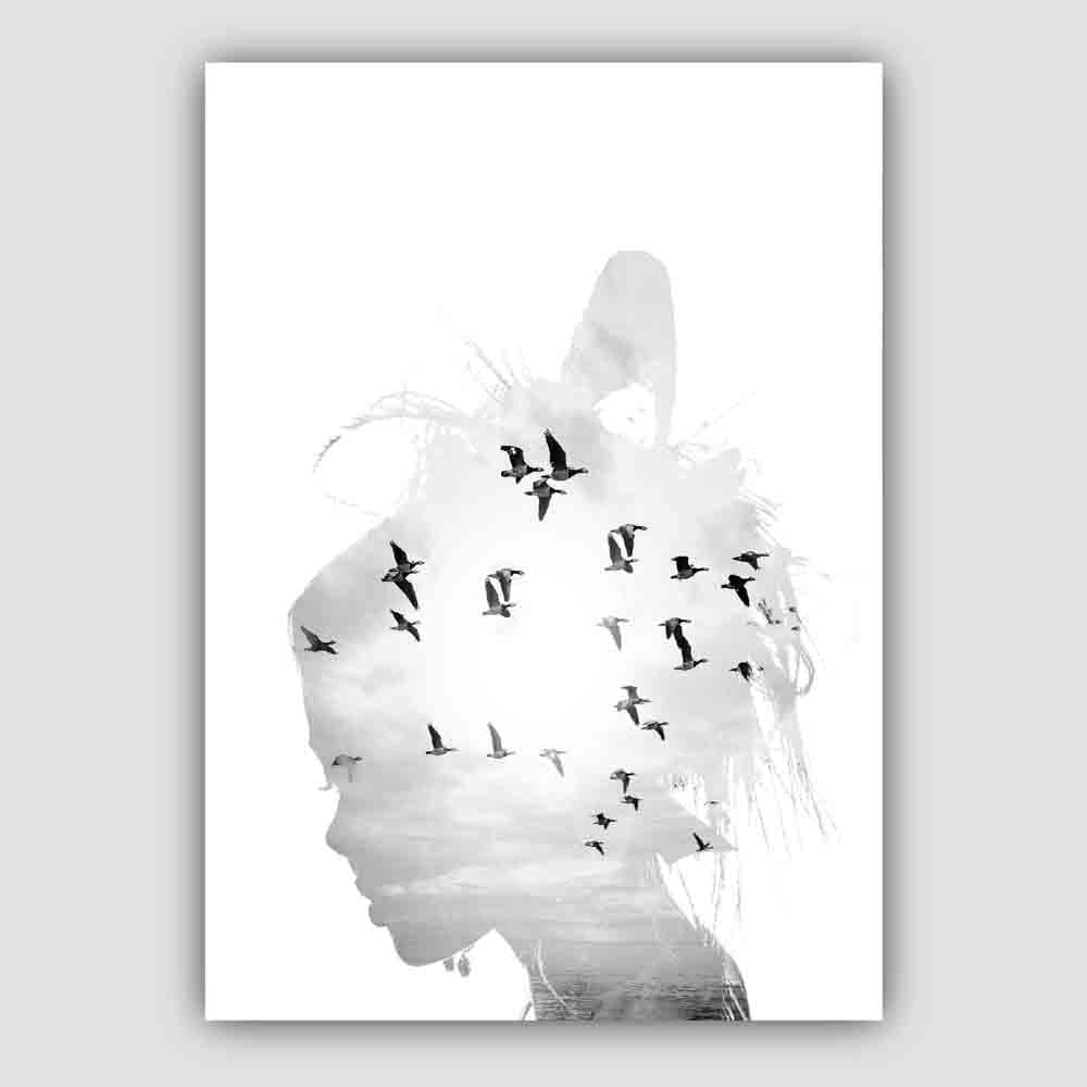 Black & White Fashion Photo Woman Silhouette Birds Print