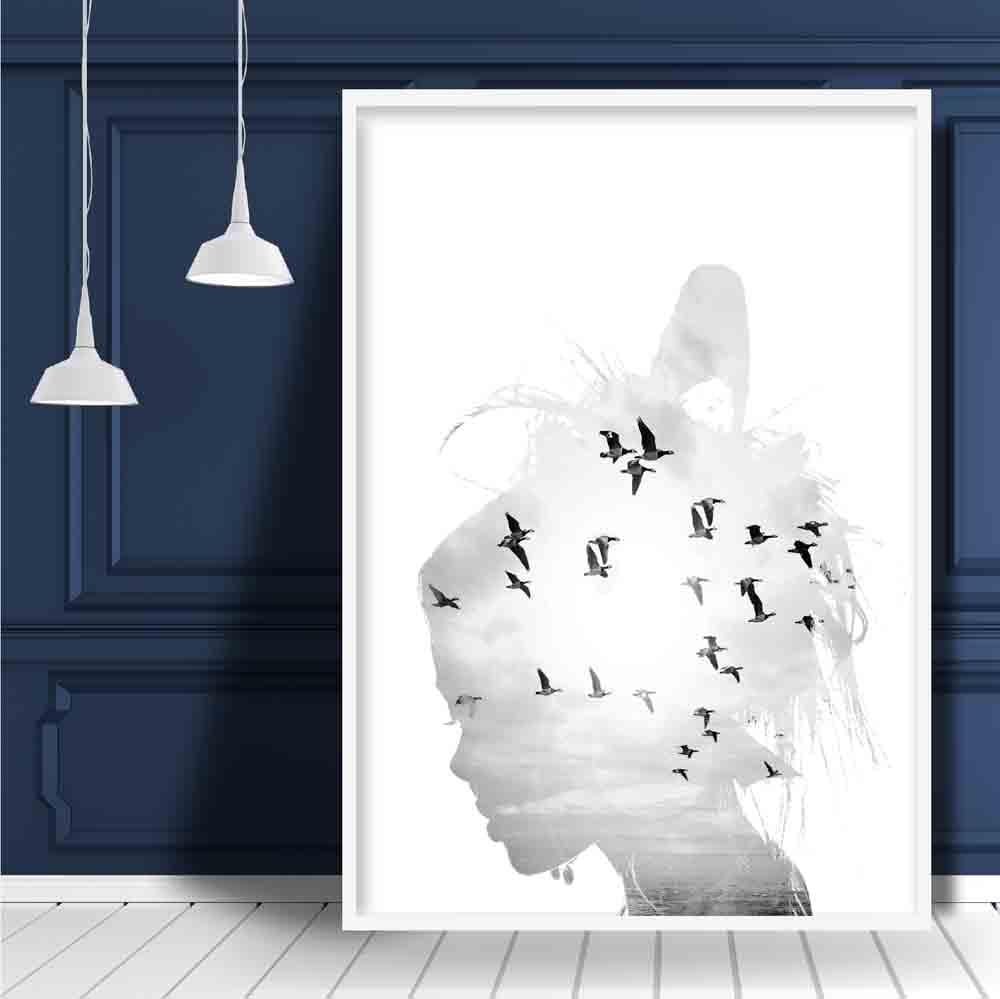 Black & White Fashion Photo Woman Silhouette Birds Print