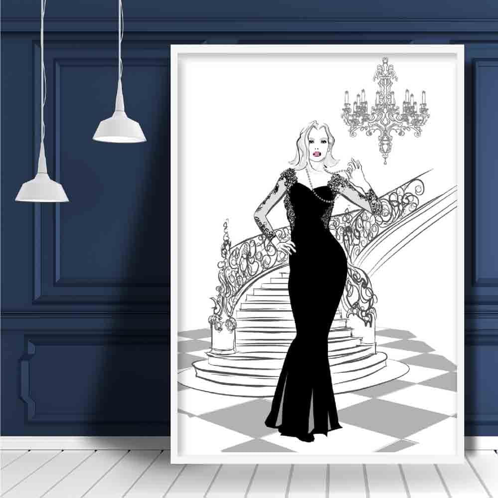 Fashionista Woman Stairs Chandelier Sketch Print