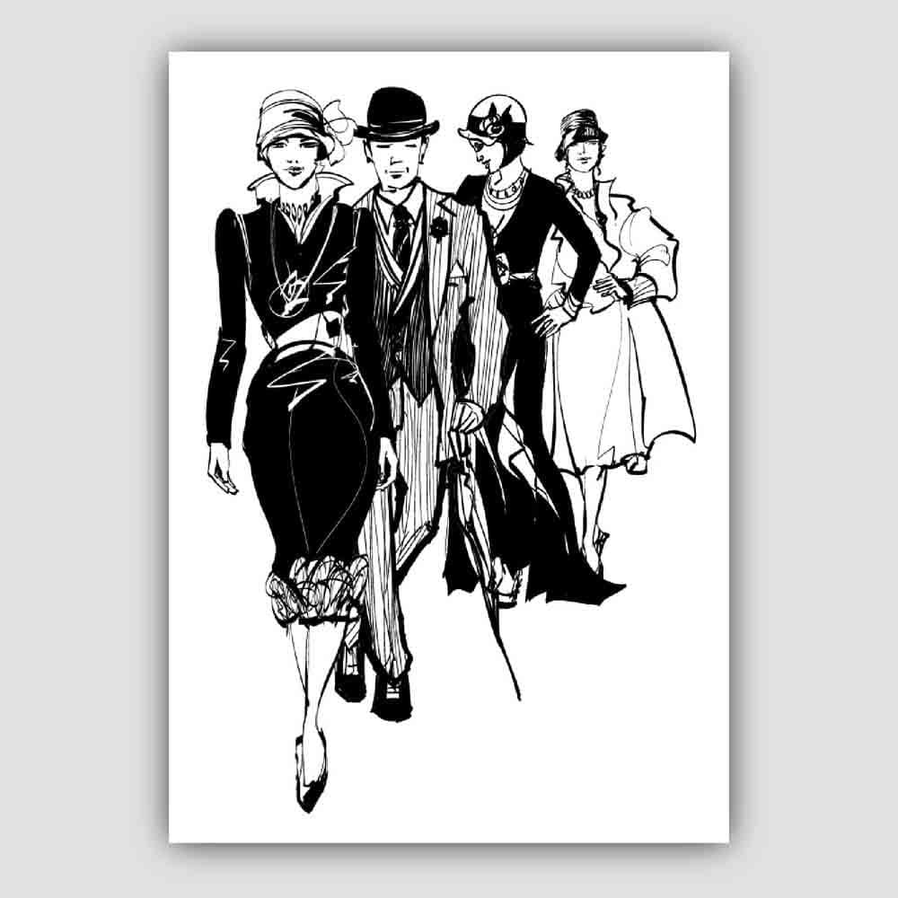Fashionista Vintage Men and Women Sketch Print