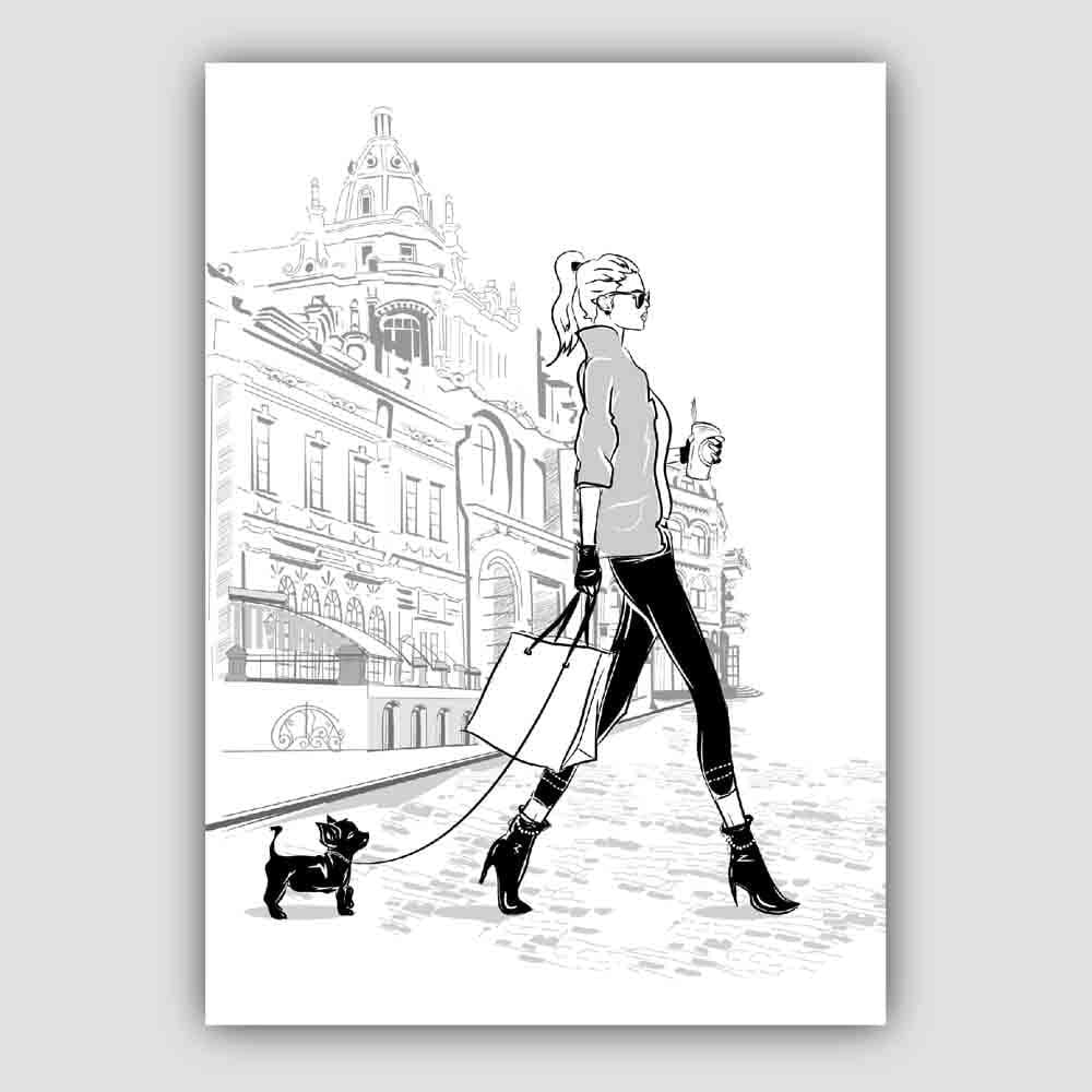 Fashionista in Paris walking her Dog Sketch Print