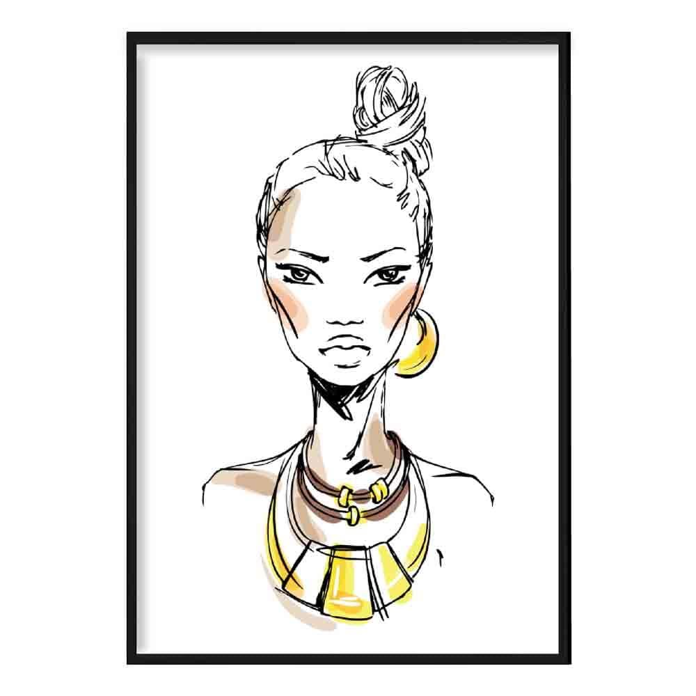 Black & Yellow Pen & Ink Sketch Woman Face 1