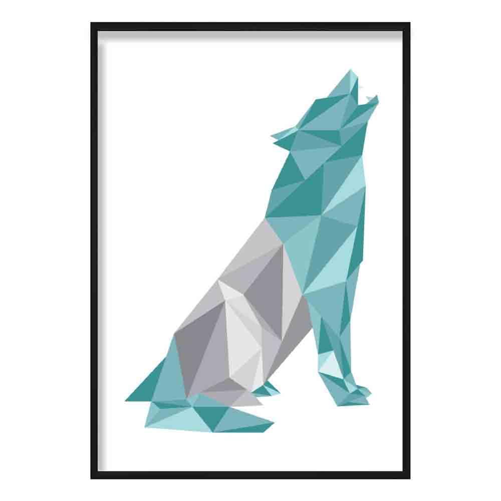 Geometric Poly Aqua Blue and Grey Howling Wolf Poster