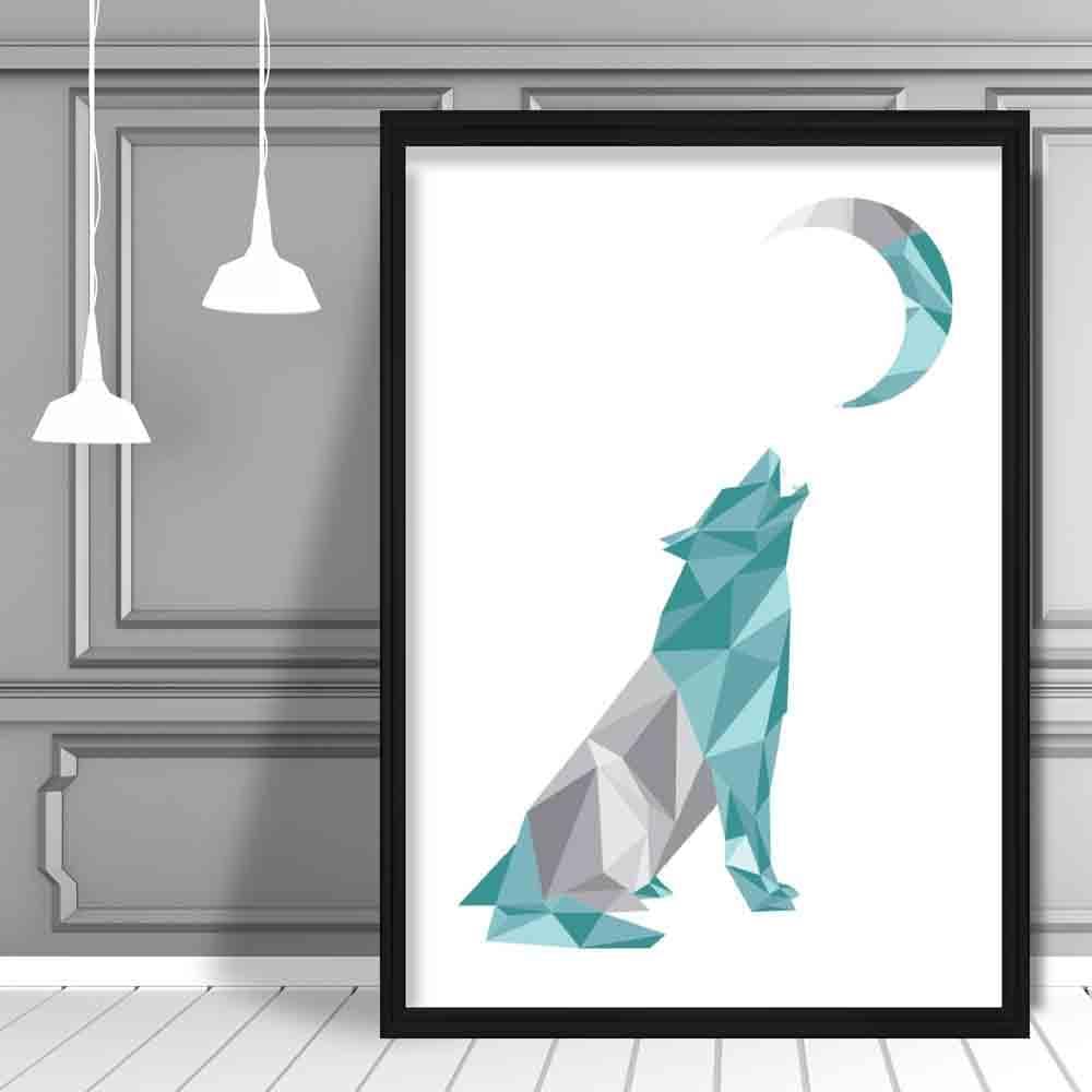 Geometric Poly Aqua Blue and Grey Howling Wolf Moon Poster