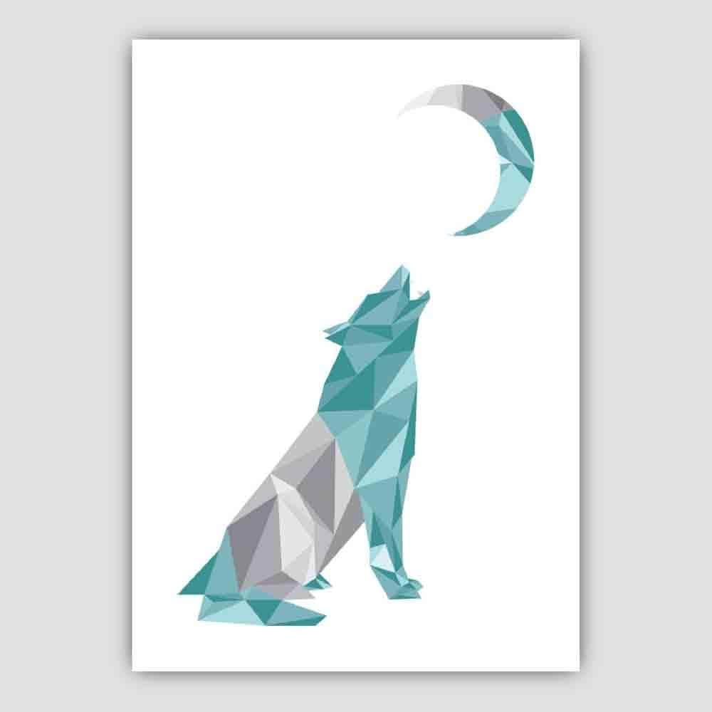 Geometric Poly Aqua Blue and Grey Howling Wolf Moon Poster