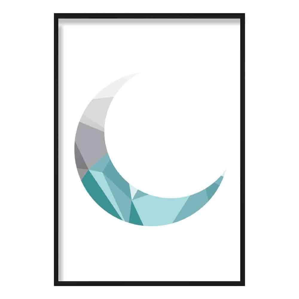 Geometric Poly Aqua Blue and Grey Crescent Moon Poster