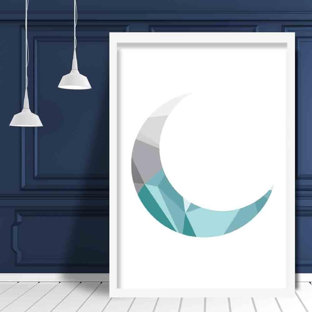 Geometric Poly Aqua Blue and Grey Crescent Moon Poster