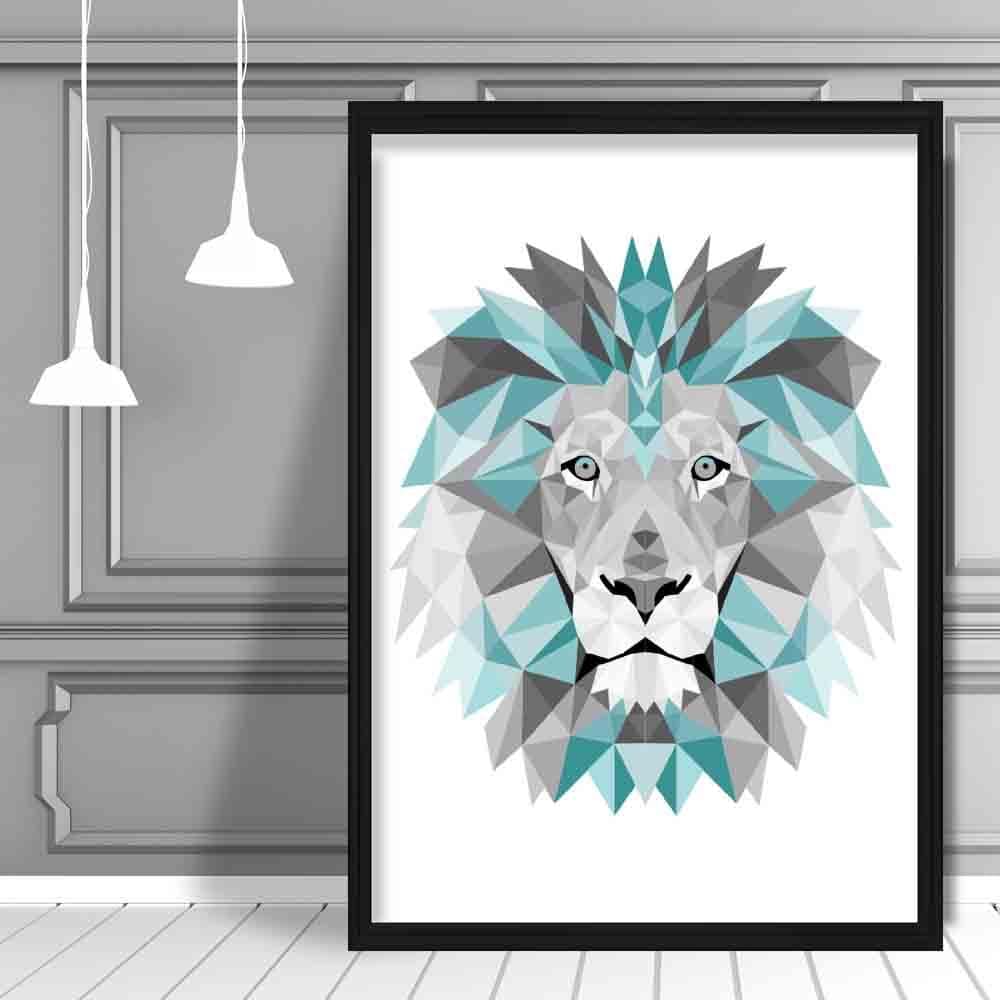 Geometric Poly Aqua Blue and Grey Lion Head Poster