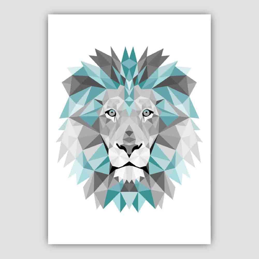 Geometric Poly Aqua Blue and Grey Lion Head Poster