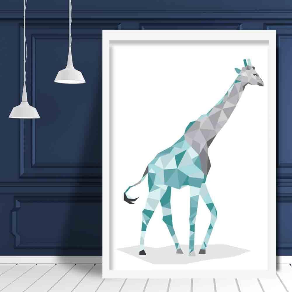 Geometric Poly Aqua Blue and Grey Giraffe Poster