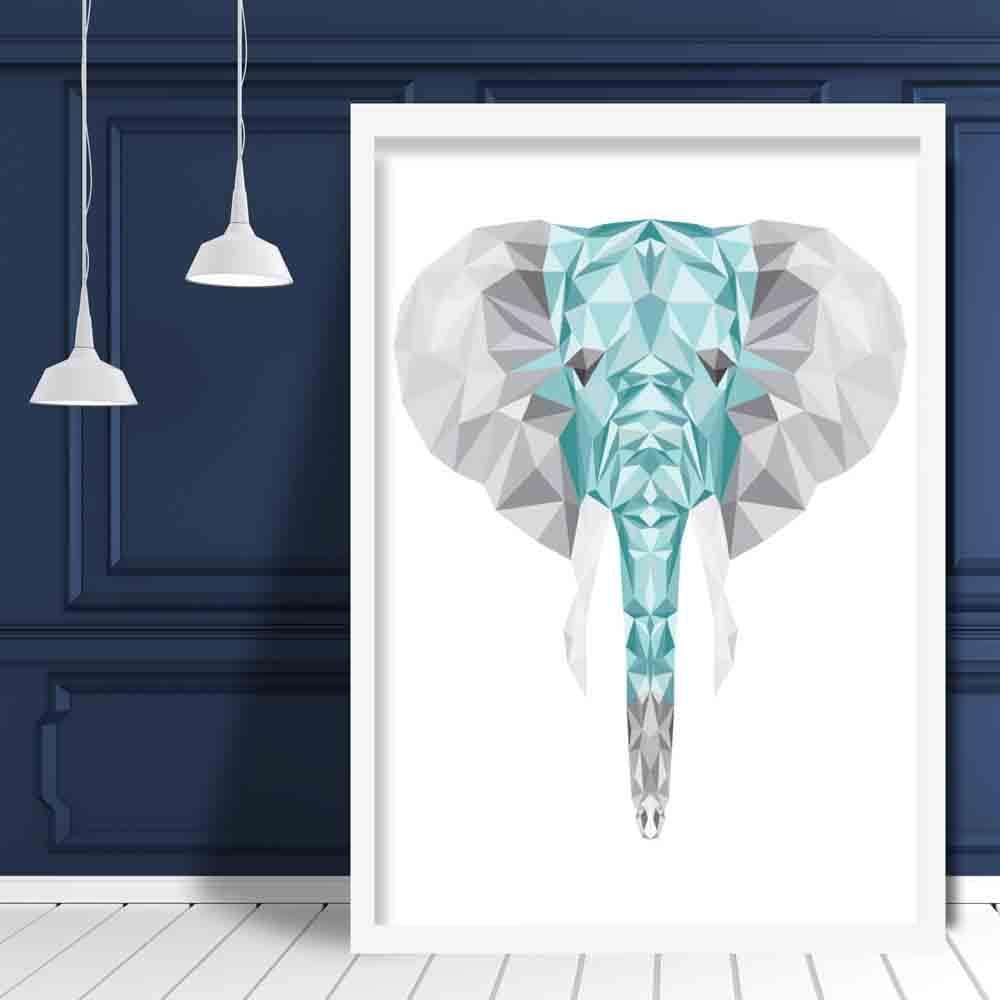 Geometric Poly Aqua Blue and Grey Elephant Head Poster