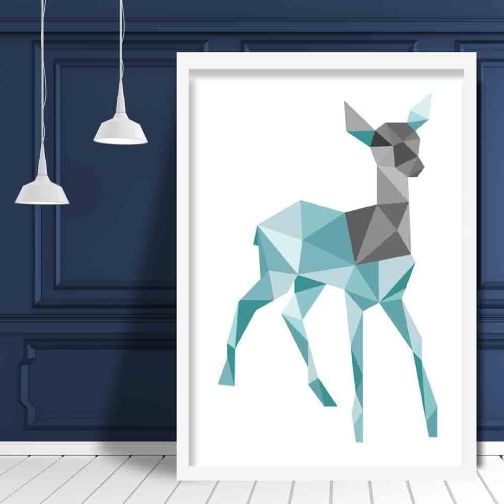 Geometric Poly Aqua Blue and Grey Young Stag Poster