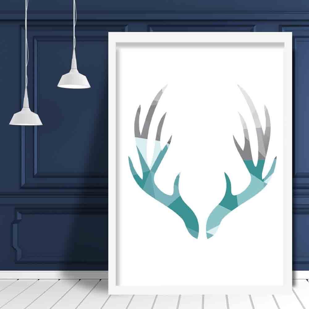 Geometric Poly Aqua Blue and Grey Stag Antlers Poster