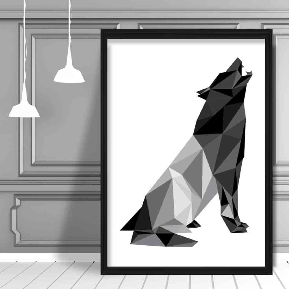 Geometric Poly Black and Grey Howling Wolf Poster