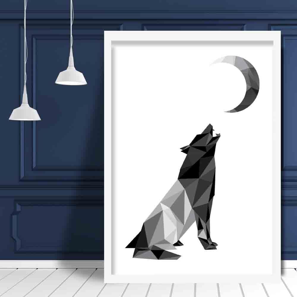 Geometric Poly Black and Grey Howling Wolf Moon Poster