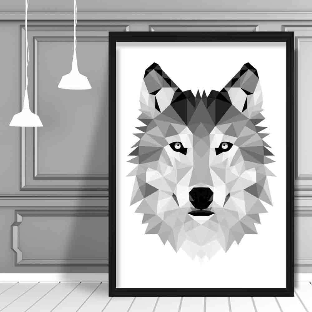 Geometric Poly Black and Grey Wolf Head Poster