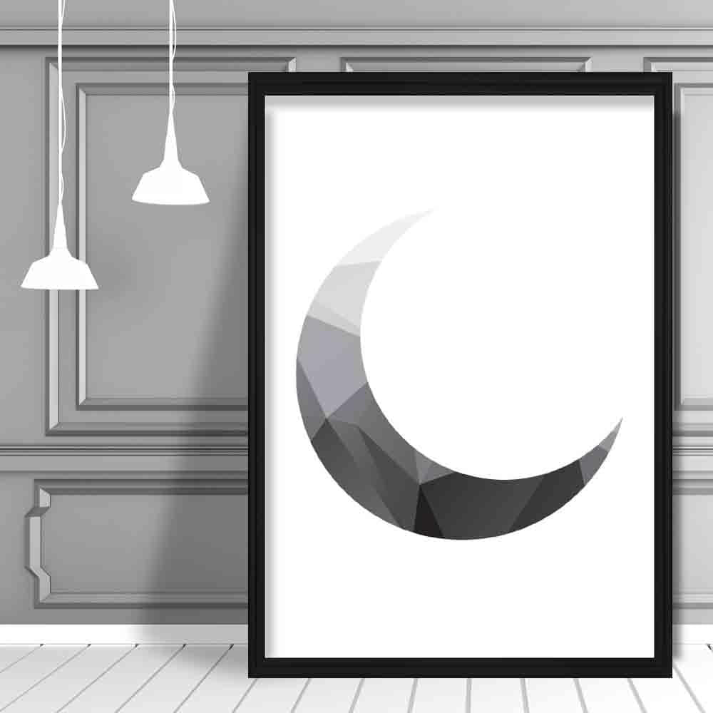 Geometric Poly Black and Grey Crescent Moon Poster