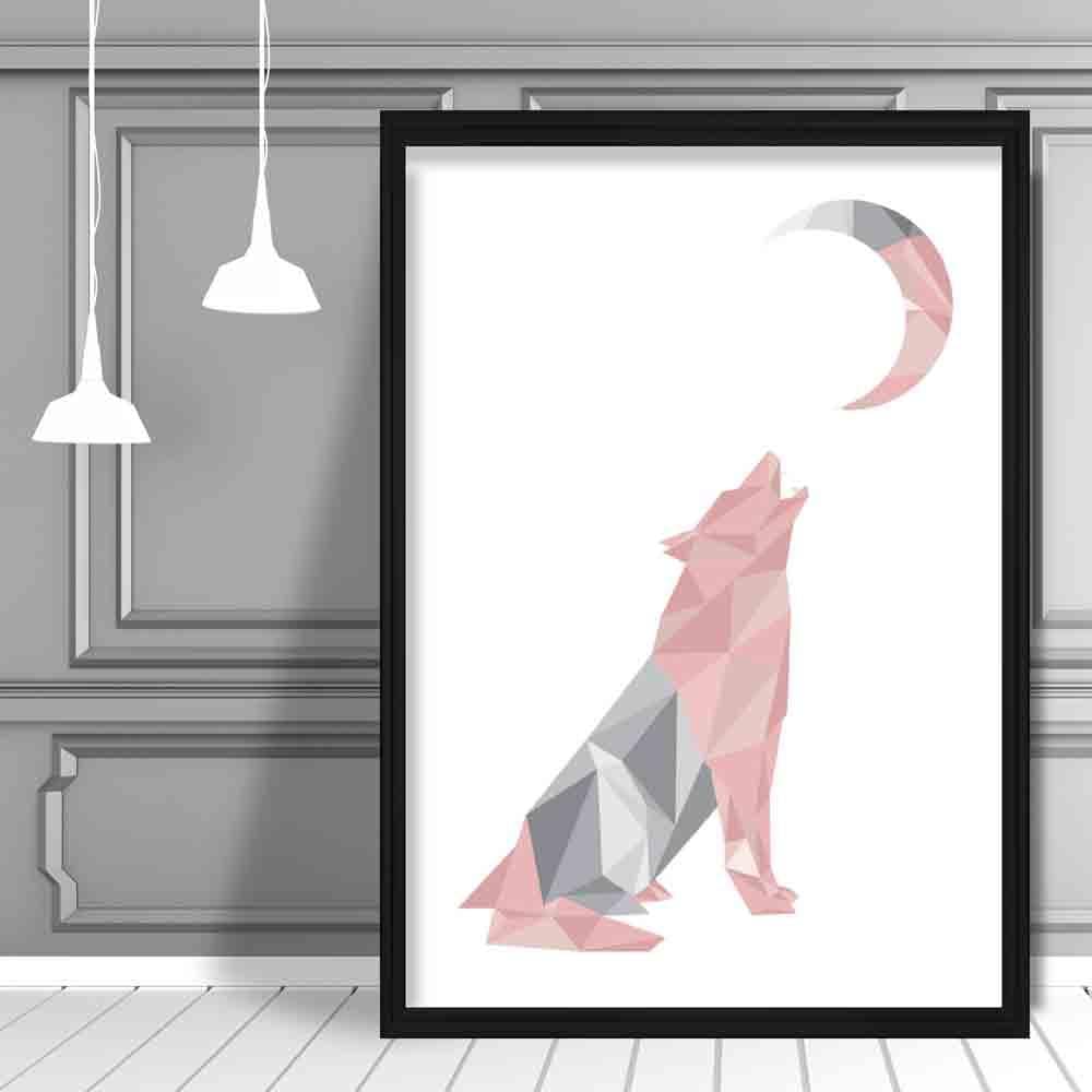 Geometric Poly Blush Pink and Grey Wolf Howling at Moon Poster