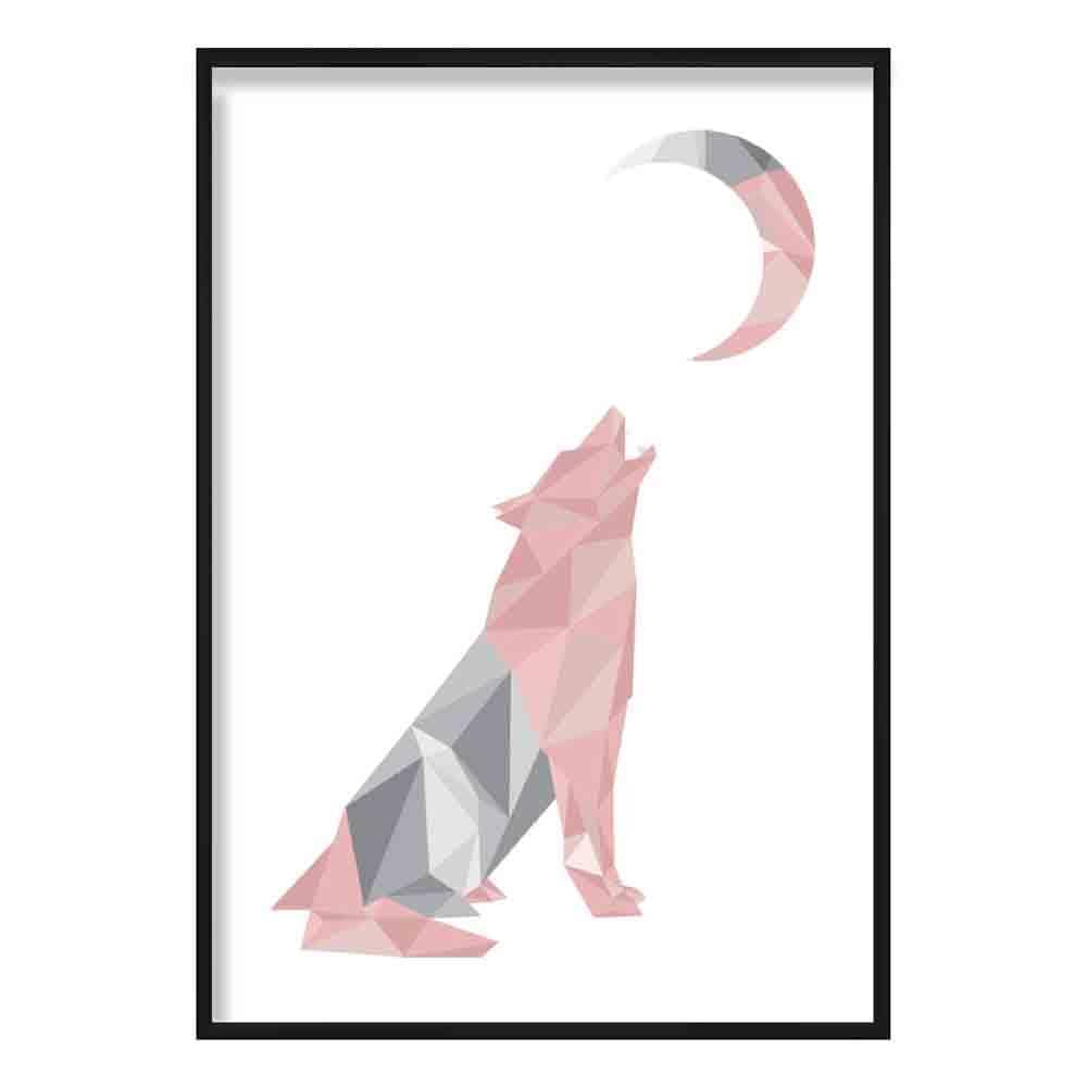 Geometric Poly Blush Pink and Grey Wolf Howling at Moon Poster