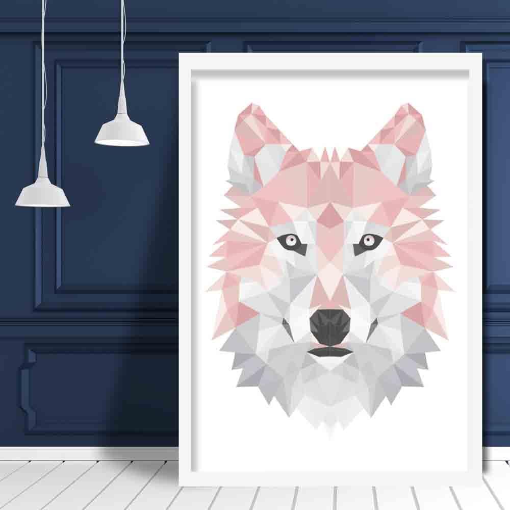 Geometric Poly Blush Pink and Grey Wolf Head Poster
