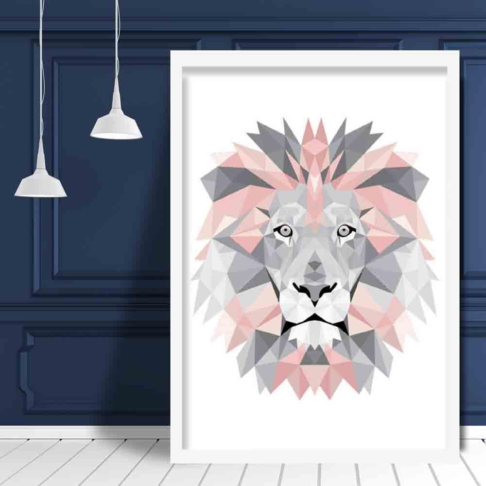 Geometric Poly Blush Pink and Grey Lion Head Poster