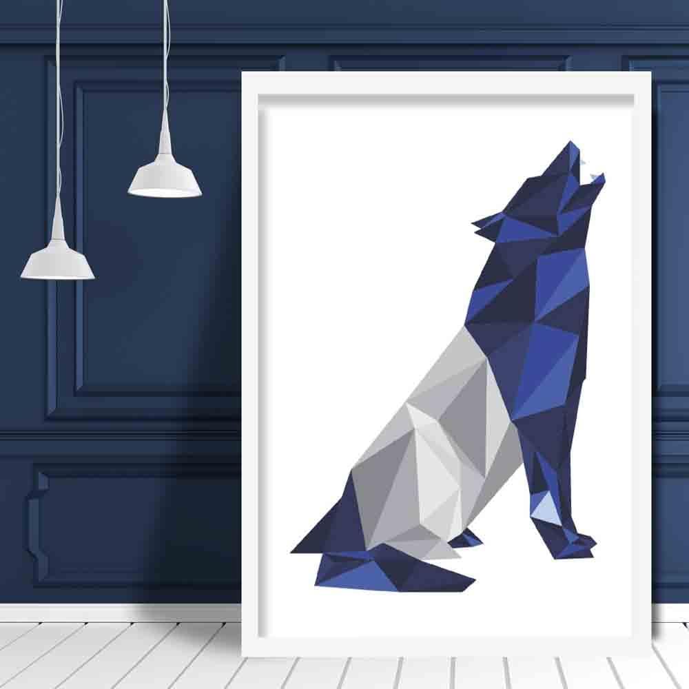 Geometric Poly Navy Blue and Grey Howling Wolf Poster
