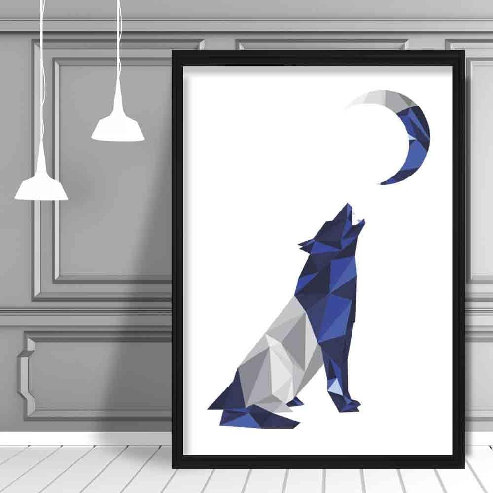 Geometric Poly Navy Blue and Grey Howling Wolf Moon Poster