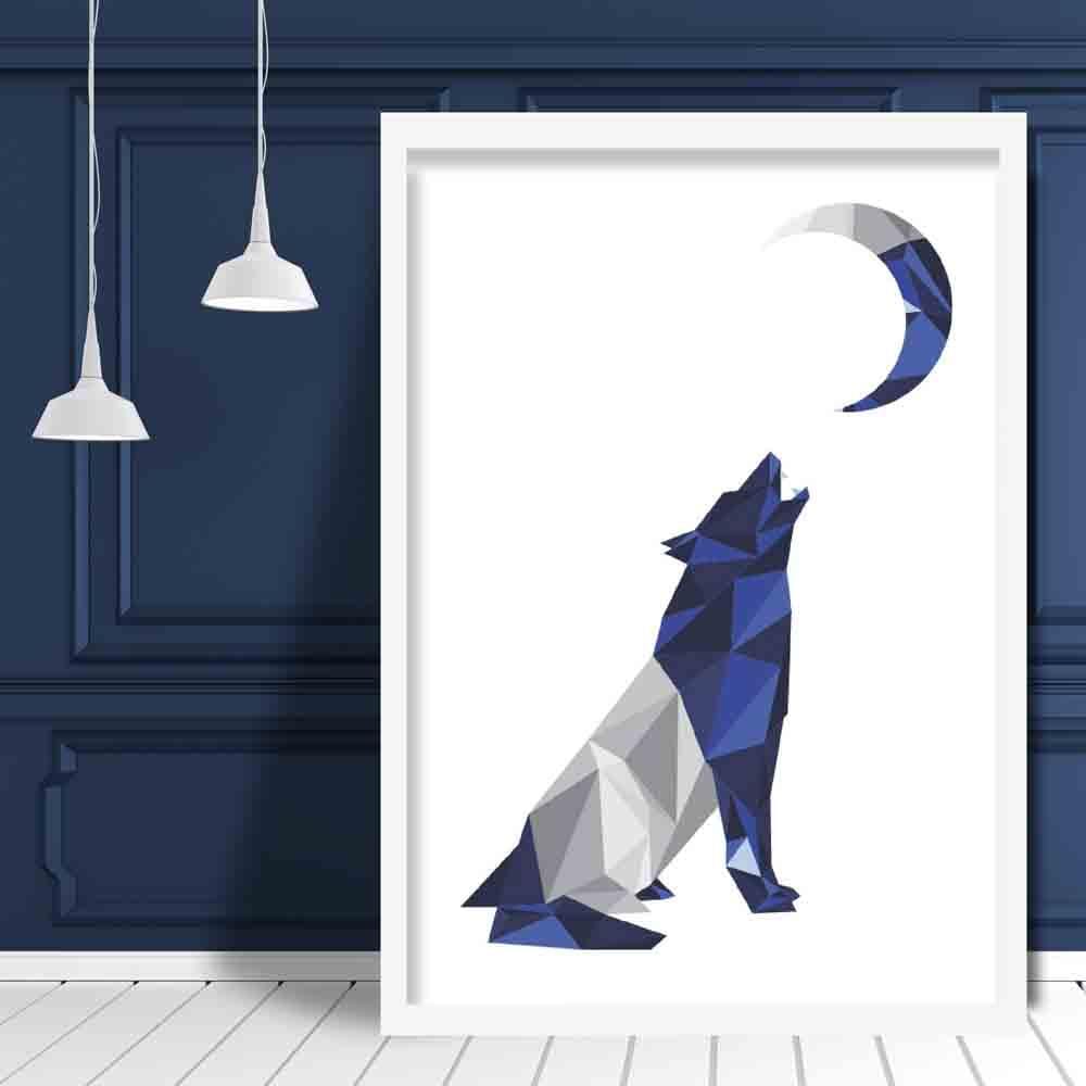 Geometric Poly Navy Blue and Grey Howling Wolf Moon Poster