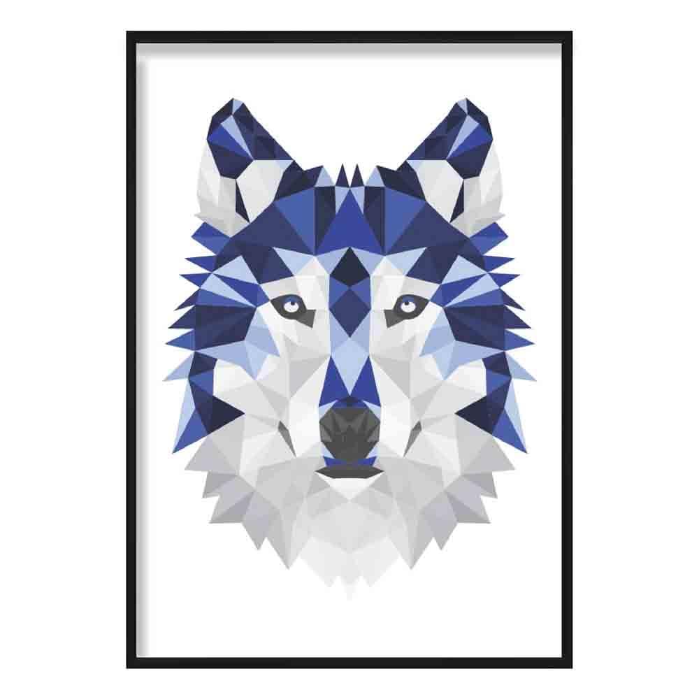 Geometric Poly Navy Blue and Grey Wolf Head Poster