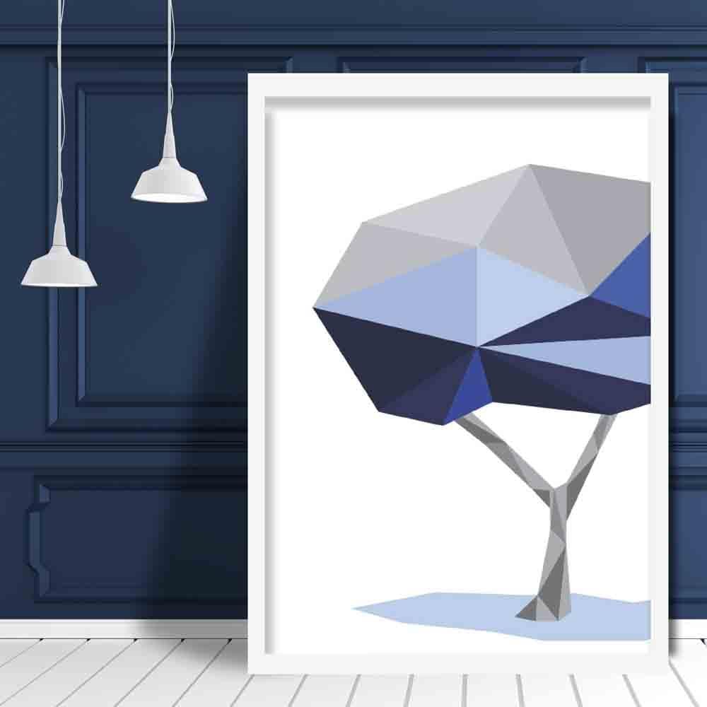 Geometric Poly Navy Blue and Grey Tree Poster