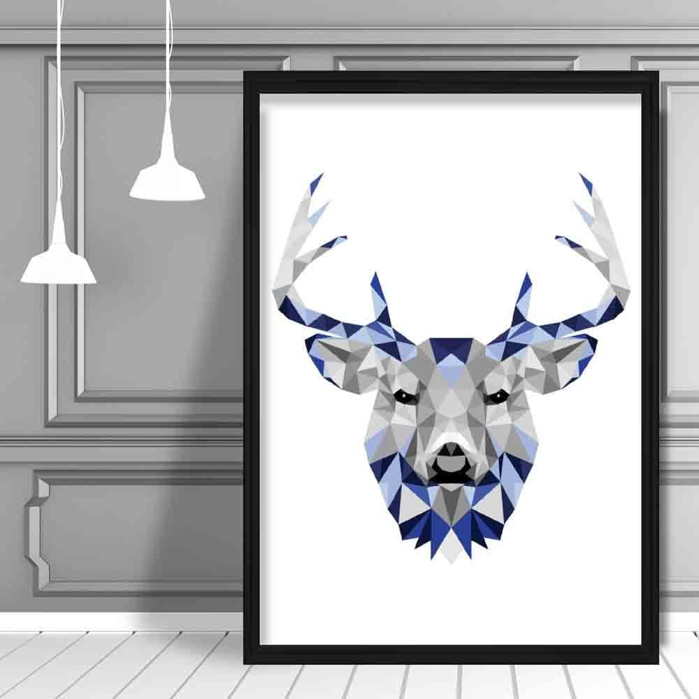 Geometric Poly Navy Blue and Grey Stag Head Poster