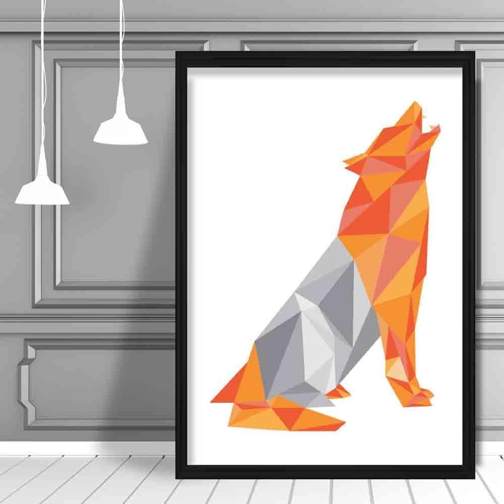 Geometric Poly Orange and Grey Howling Wolf Poster