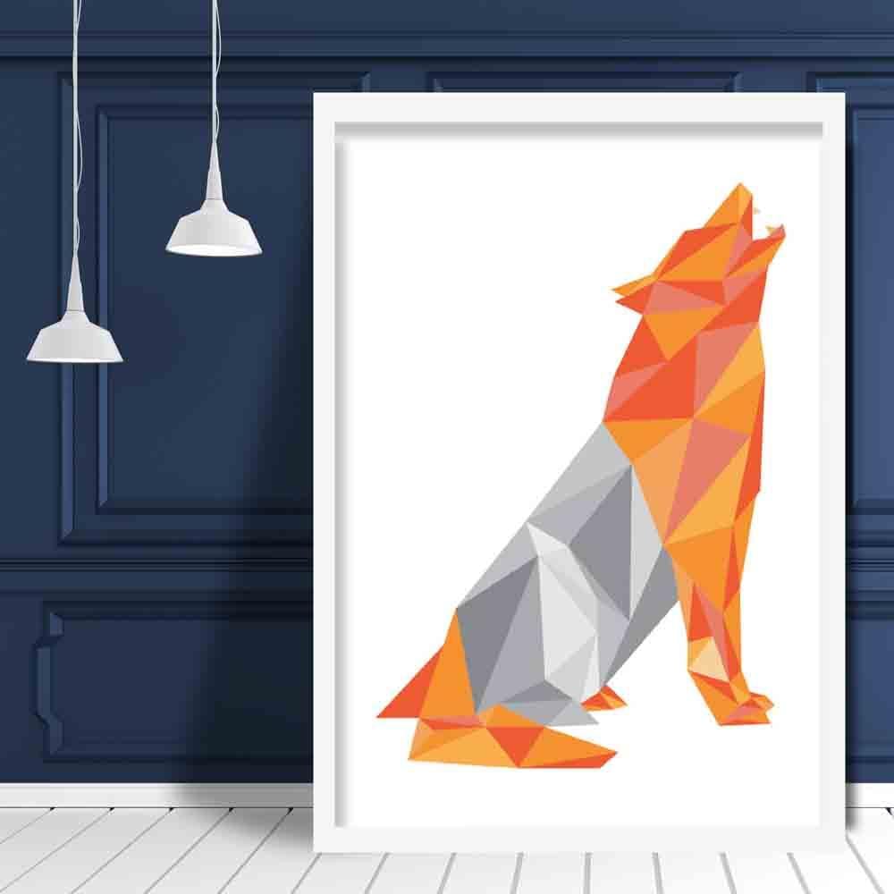 Geometric Poly Orange and Grey Howling Wolf Poster
