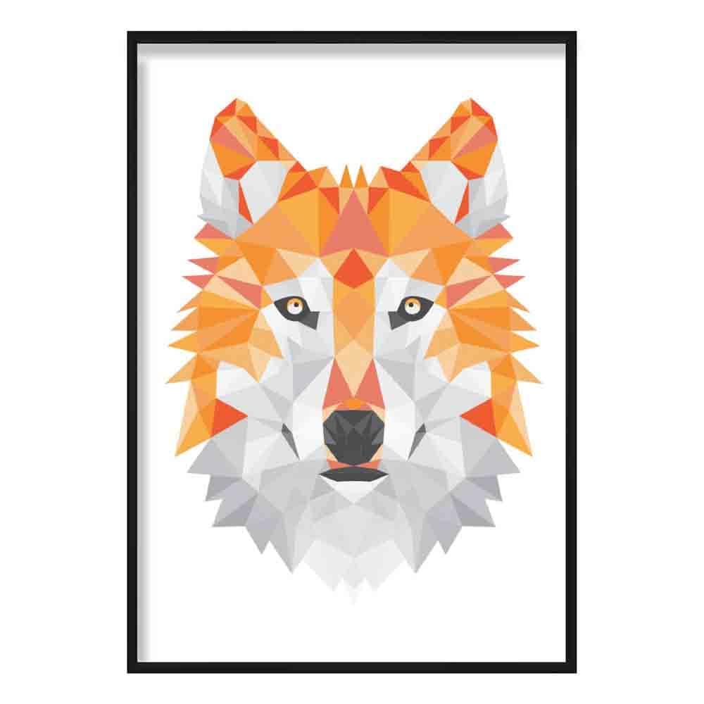 Geometric Poly Orange and Grey Wolf Head Poster