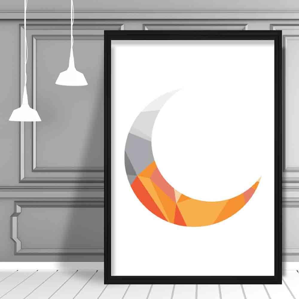 Geometric Poly Orange and Grey Crescent Moon Poster