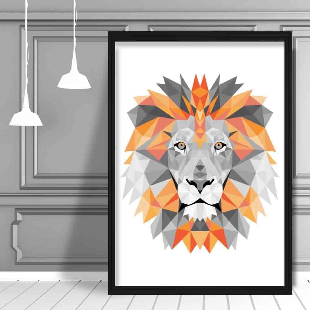 Geometric Poly Orange and Grey Lion Head Poster