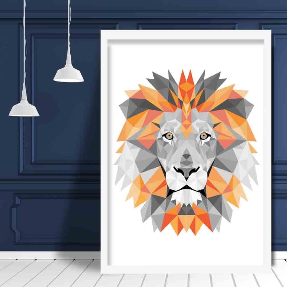 Geometric Poly Orange and Grey Lion Head Poster