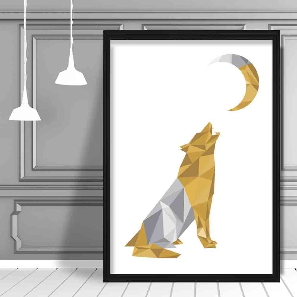 Wolf Howling at Moon Geometric Poly Yellow and Grey Poster