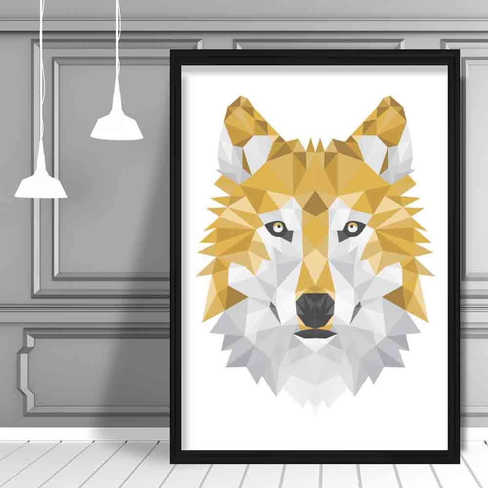 Wolf Head Geometric Poly Yellow and Grey Poster