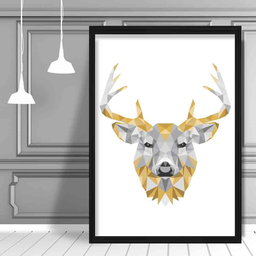 Geometric Poly Yellow and Grey Stag Head Poster