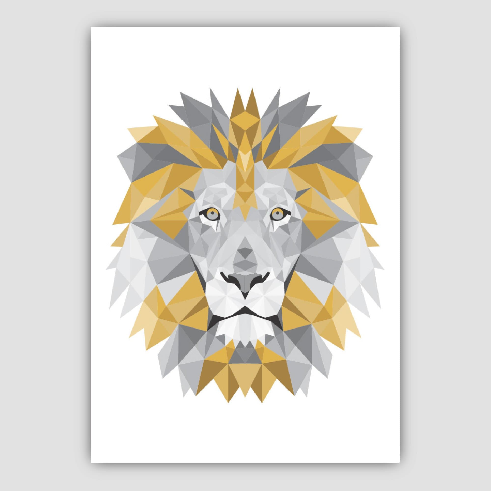 GEOMETRIC Set of 3 Yellow & Grey Art Prints Animal Heads Wolf Stag Lion