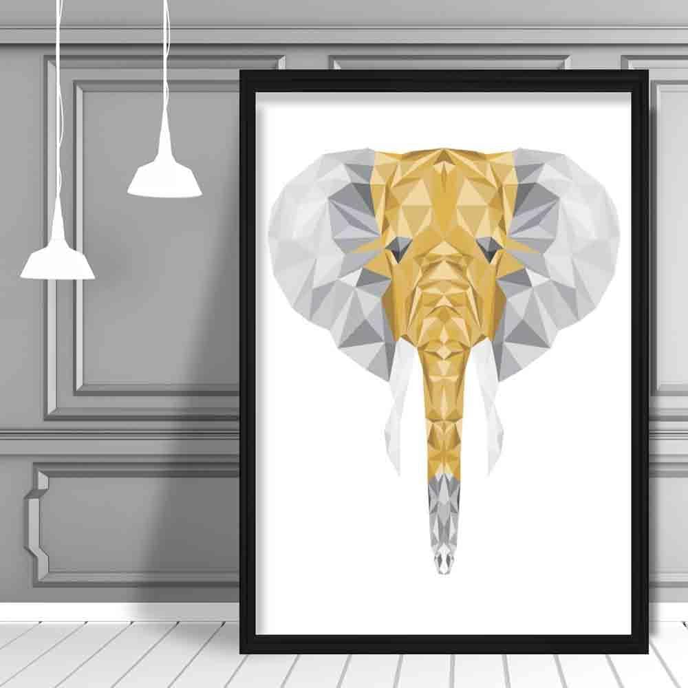 Geometric Poly Yellow and Grey Elephant Head Poster