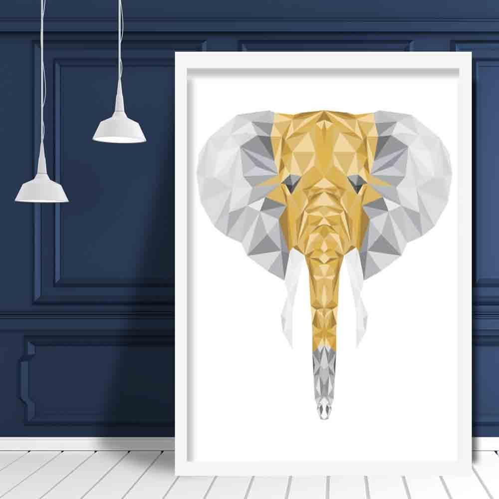 Geometric Poly Yellow and Grey Elephant Head Poster