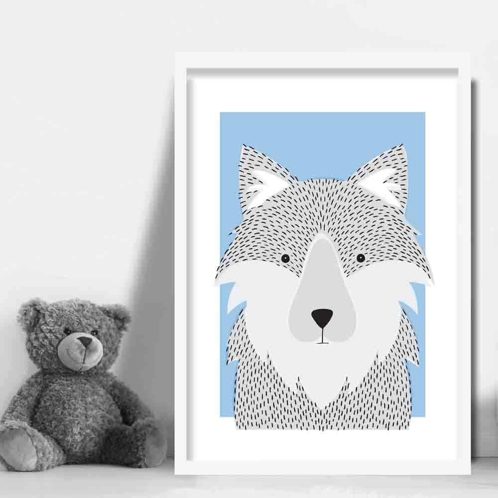 Wolf Sketch Style Nursery Baby Blue Poster