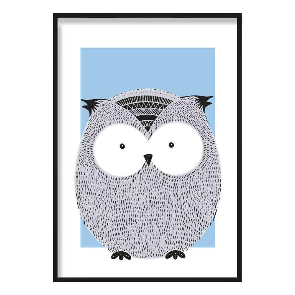 Owl Sketch Style Nursery Baby Blue Poster